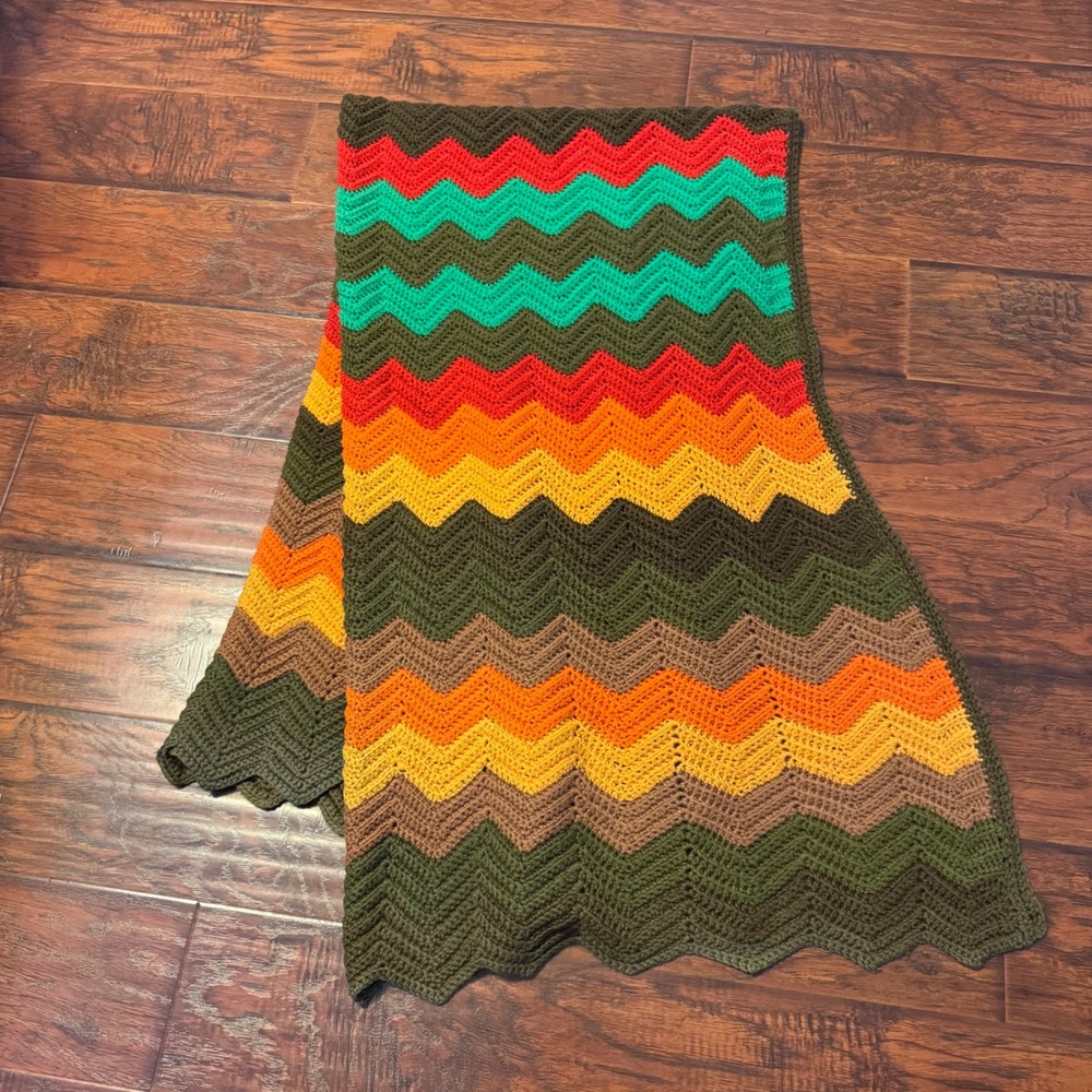 Vtg Handmade Crochet Afghan Blanket Zigzag Chevron Multi-Color 39x74 70s Boho